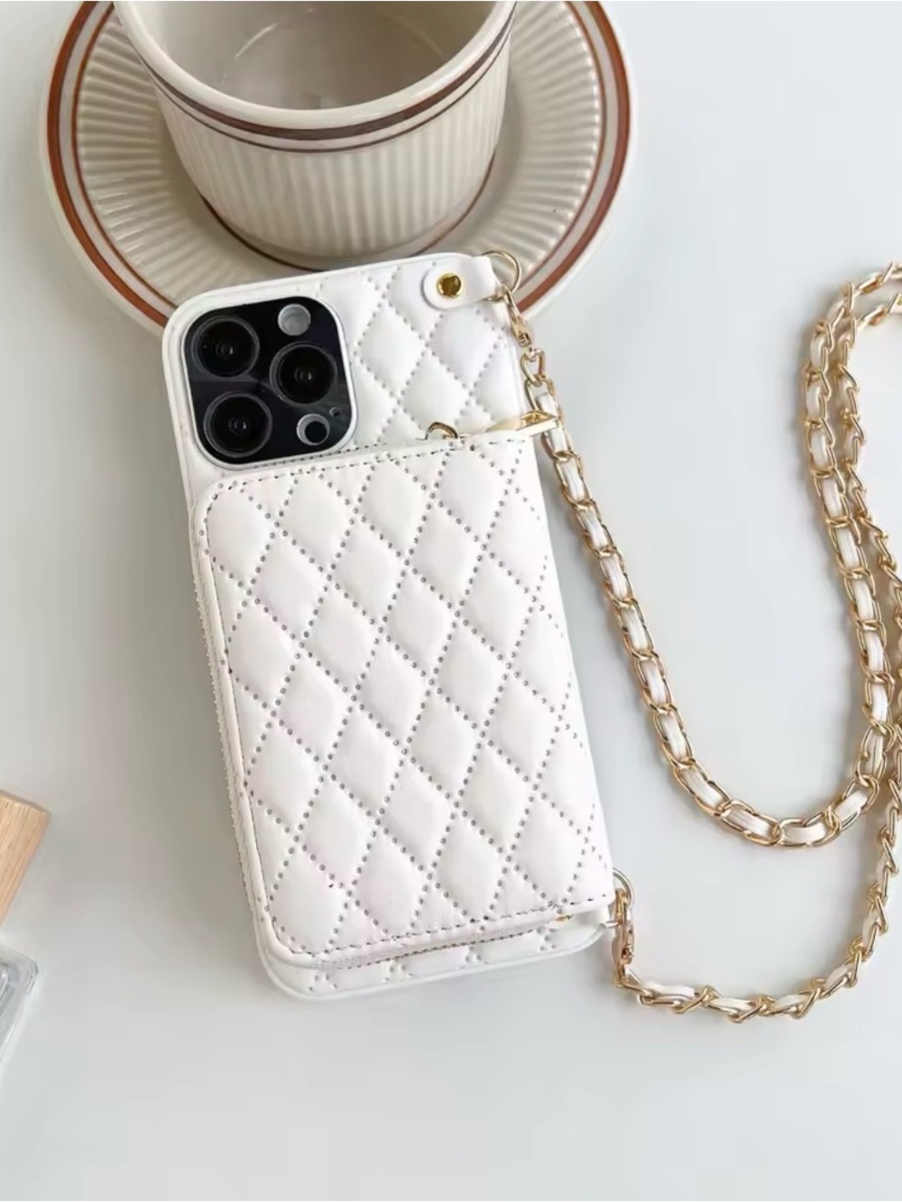 iPhone 15 Pro Max Phone Case Quilted Crossbody Case with Gold Chain